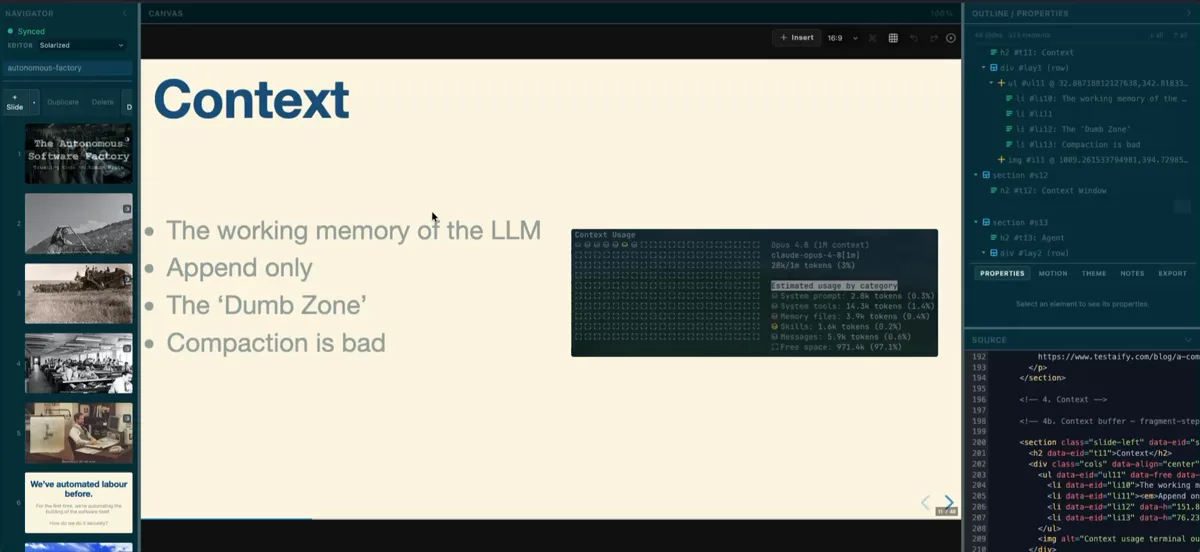 The decks editor: slide navigator, visual canvas showing the Context slide, and the live deck.html source pane