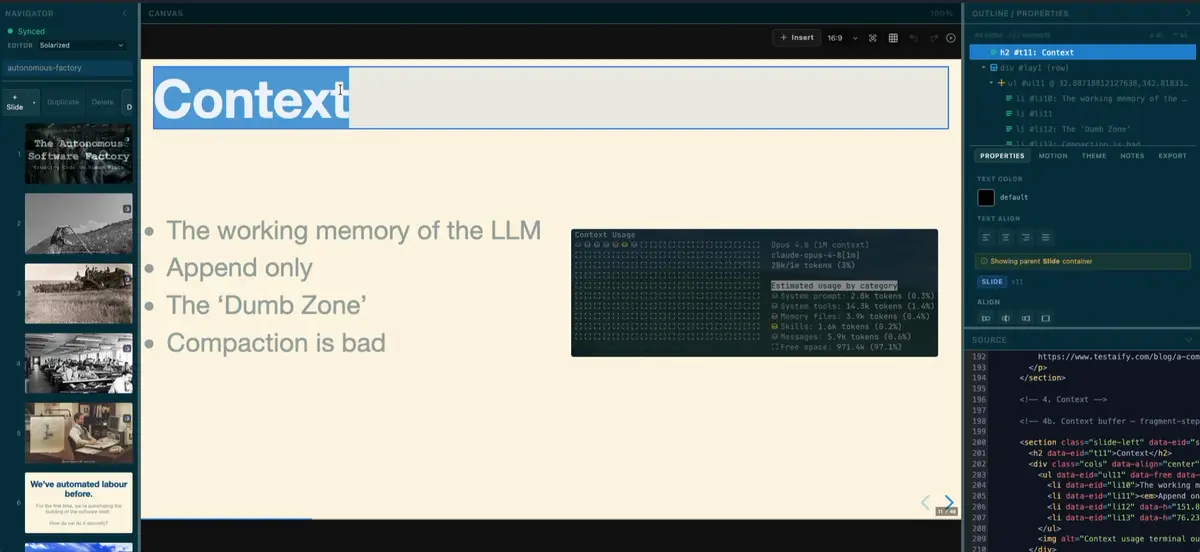 The decks editor, dragging an element on the canvas while the deck.html source updates alongside it