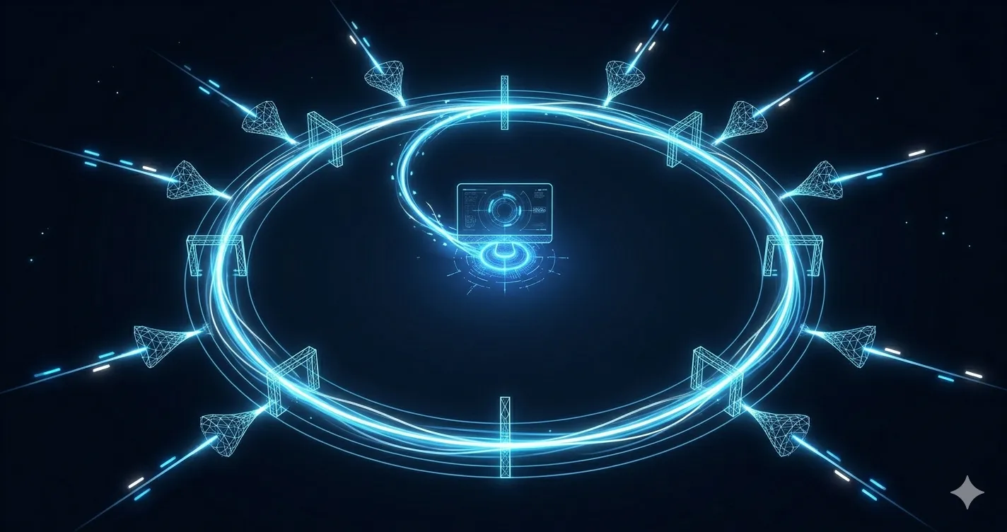 The self-producing loop: signals flow through prioritisation, agents build, backpressure gates deployment
